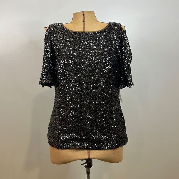 NWT Alex Evenings Black Sequin Cold Shoulder Blouse - Size Medium - Picture 3 of 14